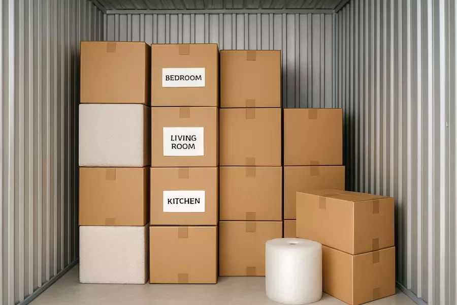 Flyttlådor staplade i säkert förråd under magasinering